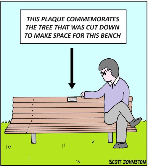 This plaque commemorates the trees that was cut down to make space for this bench.