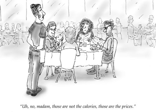 "Uh, no, madam, those are not the calories, those are the prices."
