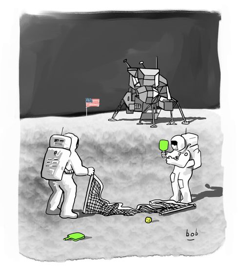 Two Astronauts Playing Pickleball on the Moon