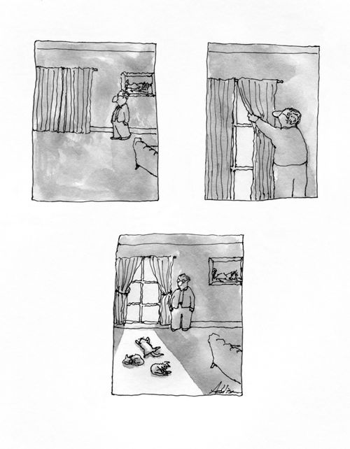 A man opens his curtains to wake up his cats.