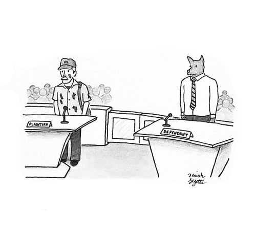 A hunter and wolf are stood in court.