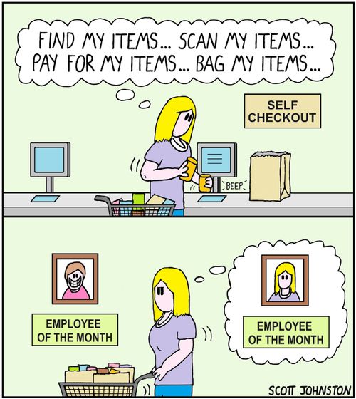 "Find my items... scan my items... pay for my items... bag my items..."