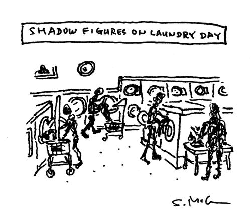"Shadow figures on laundry day"