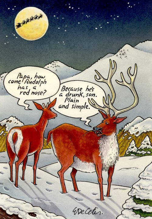Papa, how come Rudolph has a red nose? Because he's a drunk, son. Plain and simple.