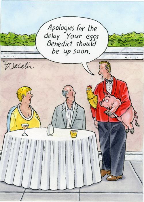 "Apologies for the delay. Your eggs Benedict should be up soon."