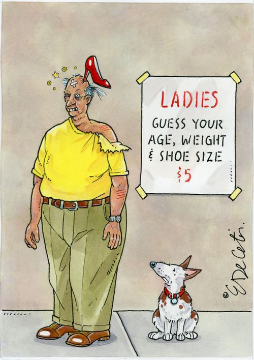 "Ladies, guess your age, weight & shoe size $5"