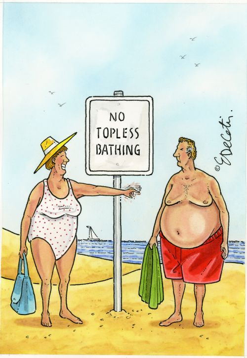 "No topless bathing"