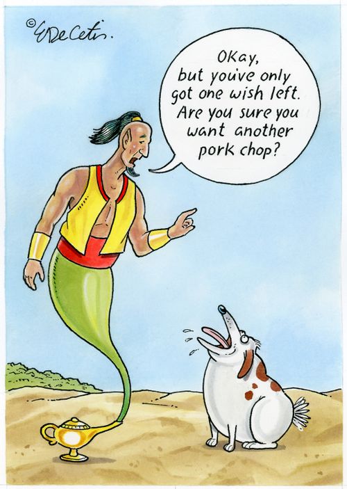 "Okay, but you've only got one wish left. Are you sure you want another pork chop?"