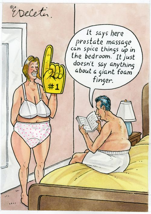 "It says here prostate massage can spice things up in the bedroom. It just doesn’t say anything about a giant foam finger."