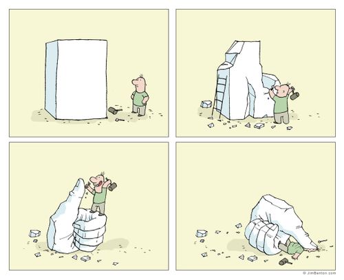 An artist creates a sculpture of a "thumbs up" and is then crushed by it.