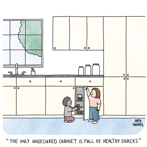 "The only unsecured cabinet is full of healthy snacks."
