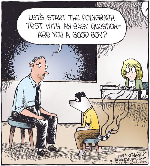 "Let's start the polygraph test with an easy question — Are you a good boy?"