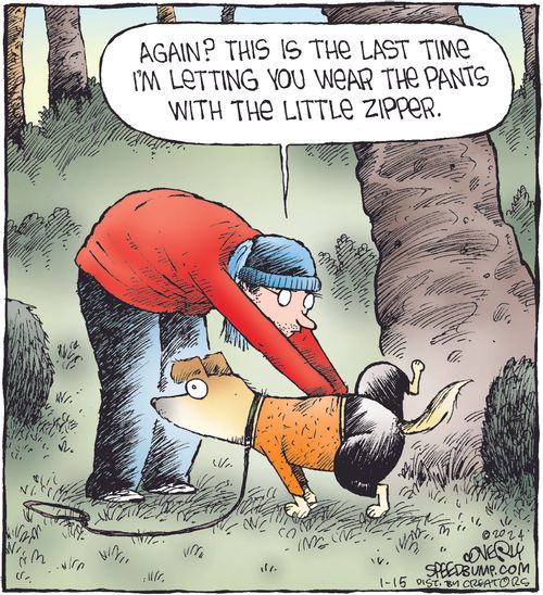 "Again? This is the last time I'm letting you wear the pants with the little zipper."