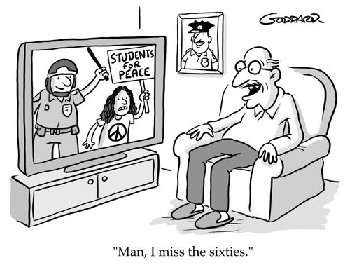 "I miss the sixties!" Old cop watching student protests broken up.