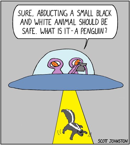 "Sure, abducting a small black and white animal should be safe. What is it—a penguin?"