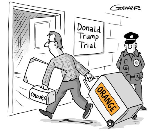Courtroom sketch artist at Donald Trump hush money trial has a suitcase full of orange pastels.