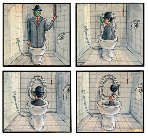 Man Whose Face Is Obscured By An Apple Flushing Himself Down A Toilet.