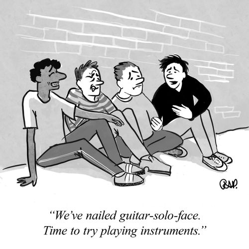 "We’ve nailed guitar-solo-face. Time to try playing instruments."