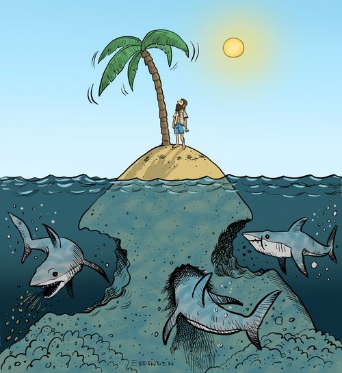 Sharks Eating Desert Island Under The Water Line To Get To Castaway