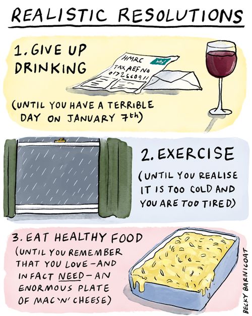 Realistic resolutions  1. Give up drinking (until you have a terrible day on January 7th)  2. Exercise (until you realise it is too cold and you are too tired)  3. Eat healthy food (until you remember that you love - and in fact need - an enormous plate of mac 'n' cheese)
