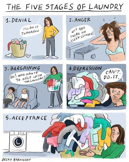 The five stages of laundry  1. Denial I'll do it tomorrow.  2. Anger Why are there no clean clothes!?  3. Bargaining Ok! Who wants to help with the laundry?  4. Depression Can't. Do. It.  5. Acceptance