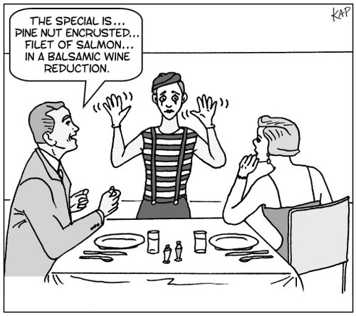 "The special is… pine nut encrusted… filet of salmon… in a balsamic wine reduction."