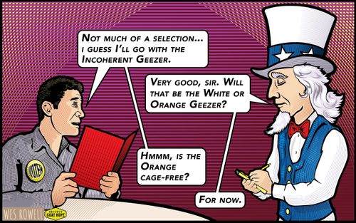 "Not much of a selection... I guess I'll go with the incoherent geezer."
