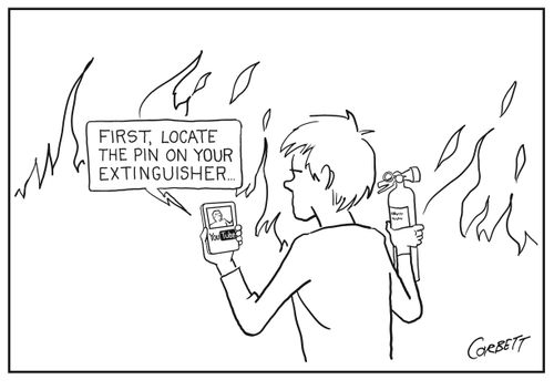 "First, locate the pin on your extinguisher..."