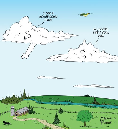 "I see a horse down there."  "No, looks like a cow, man."