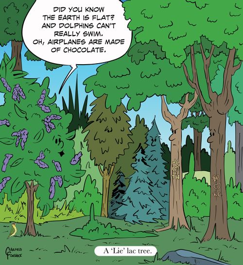 "Did you know the earth is flat? And dolphins can't really swim. Oh, airplanes are made of chocolate."  "A 'Lie' lac tree."