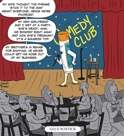 "My wife thought the phrase 'stick it to the man' meant everyone, hence we're divorced.  My new girlfriend and I met at a party. She's krazy, man. We bonded right away and now she's pregnant. It's a squeeze top.  My brother's in rehab for sniffing. He never could get his nose out of my business."