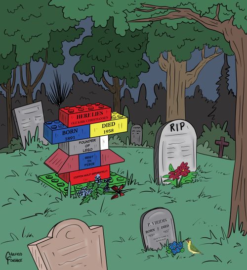 "Here lies Ole Kirk Christiansen. Born 1891. Died 1958. Founder of Lego."
