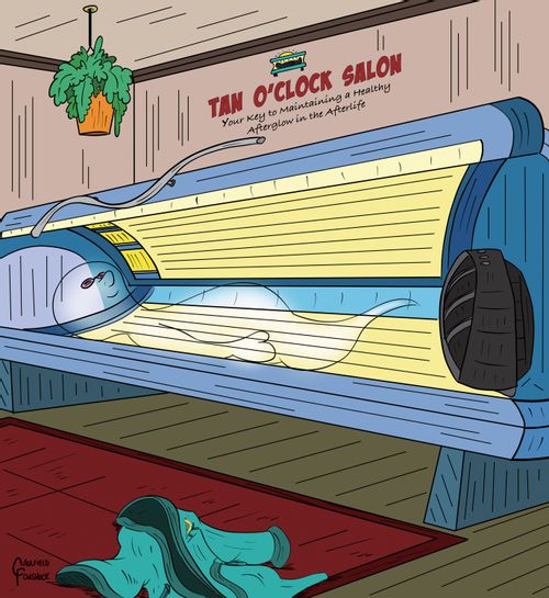 "Tan O'Clock Salon. Your key to maintaining a healthy afterglow in the afterlife."