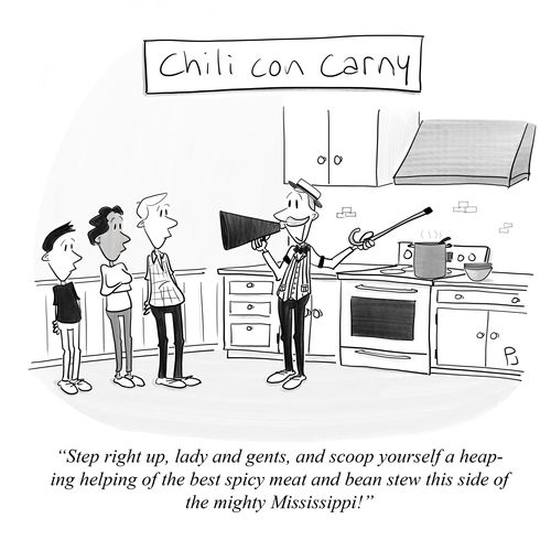 "Step right up, lady and gents, and scoop yourself a heaping helping of the best spicy meat and bean stew this side of the mighty Mississippi!"