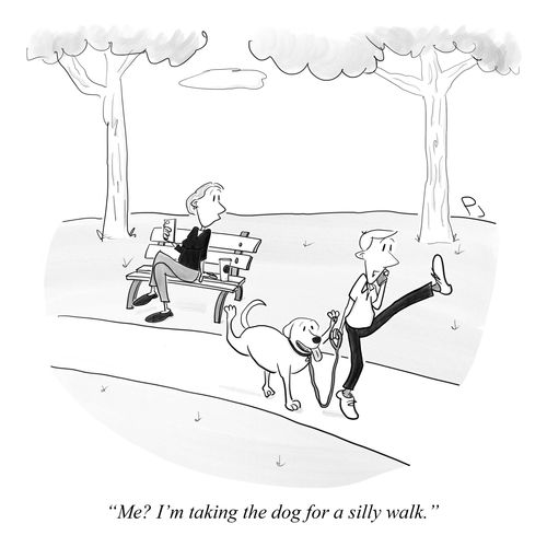 "Me? I'm taking the dog for a silly walk."
