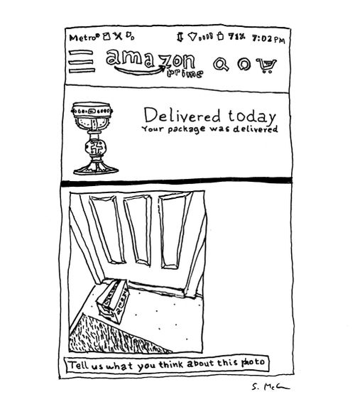 "Delivered today. Your package was delivered."  "Tell us what you think about this photo."