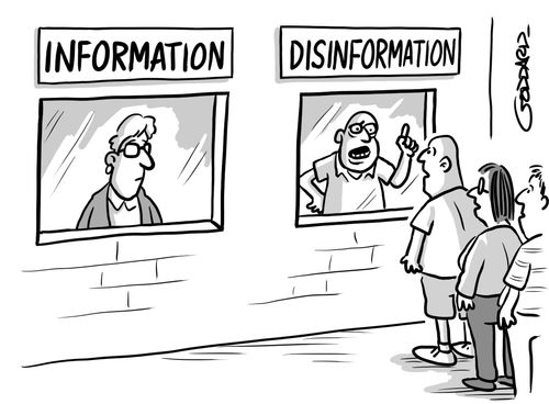 Information booth has no line but Disinformation booth is very popular.
