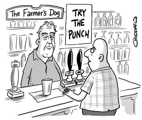 Jeremy Clarkson's pub. Sign says TRY THE PUNCH.