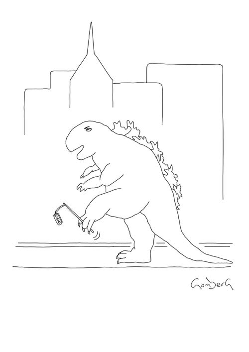 Godzilla has a traffic light caught in his toes.