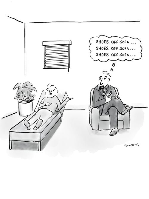 "Shoes off sofa... Shoes off sofa... Shoes off sofa..."