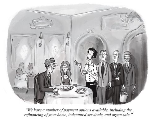 "We have a number of payment options available, including the refinancing of your home, indentured servitude, and organ sale."