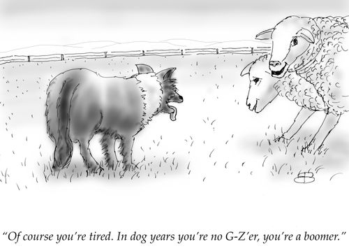 "Of course you're tired. In dog years you're no G-Z'er, you're a boomer."