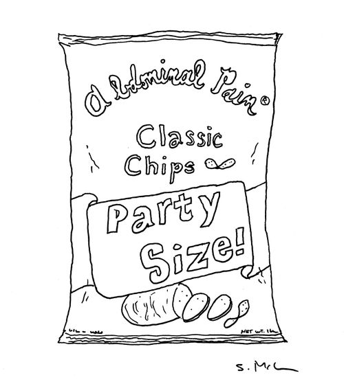 "Abdominal pain classic chips party size!"