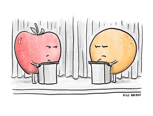 "Time to compare apples and oranges."