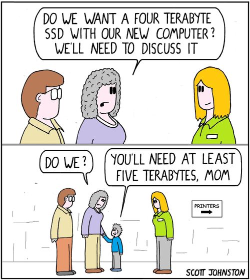 "Do we want a four terabyte SSD with our new computer? We'll need to discuss it."   "Do we?"   "You'll need at least five terabytes, Mom."