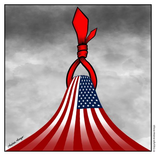 An American flag being hung by Trump's tie