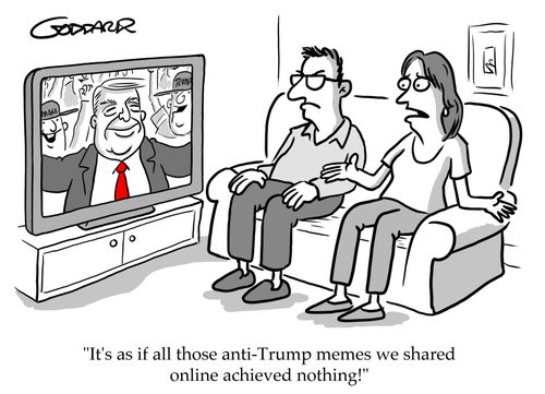 "It's as if all those anti-Trump memes we shared online achieved nothing!"