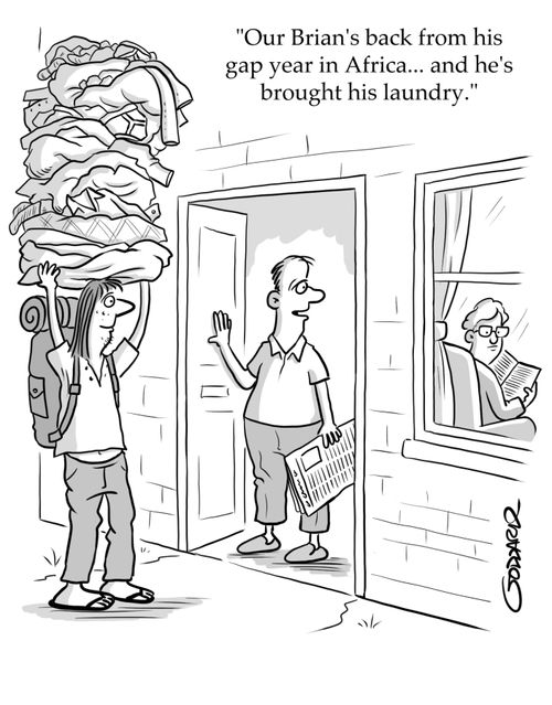 "Our Brian's back from his gap year in Africa... and he's brought his laundry."