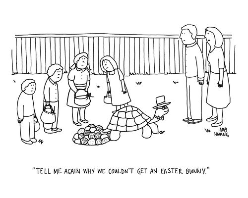 "Tell me again why we couldn't get an Easter bunny."