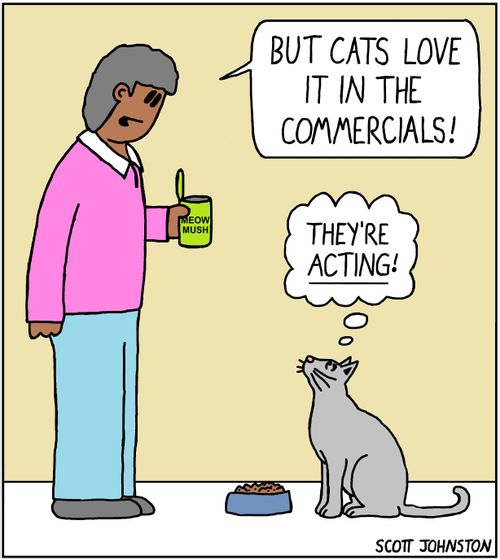 "But cats love it in the commercials!"   "They're acting!"